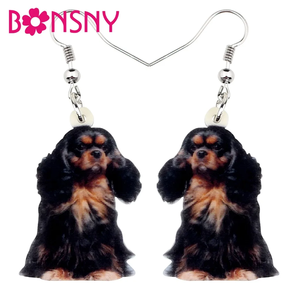 Bonsny Acrylic Black&ampTan King Charles Spaniel Dog Earrings Drop Dangle Unique Animal Jewelry For Women Girls Pet Lovers Gift Hot |