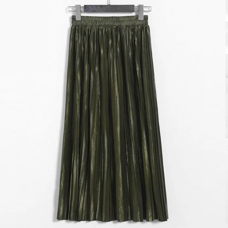 Aonibeier Women Pleated Skirt Long Skirt Elastic High Waist Midi Skirt Autumn Sexy Fashion Female Vintage Metallic Skirts Womens - Цвет: Army Green