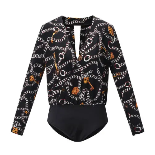 Женский боди с длинным рукавом и принтом на цепочке 2019 |