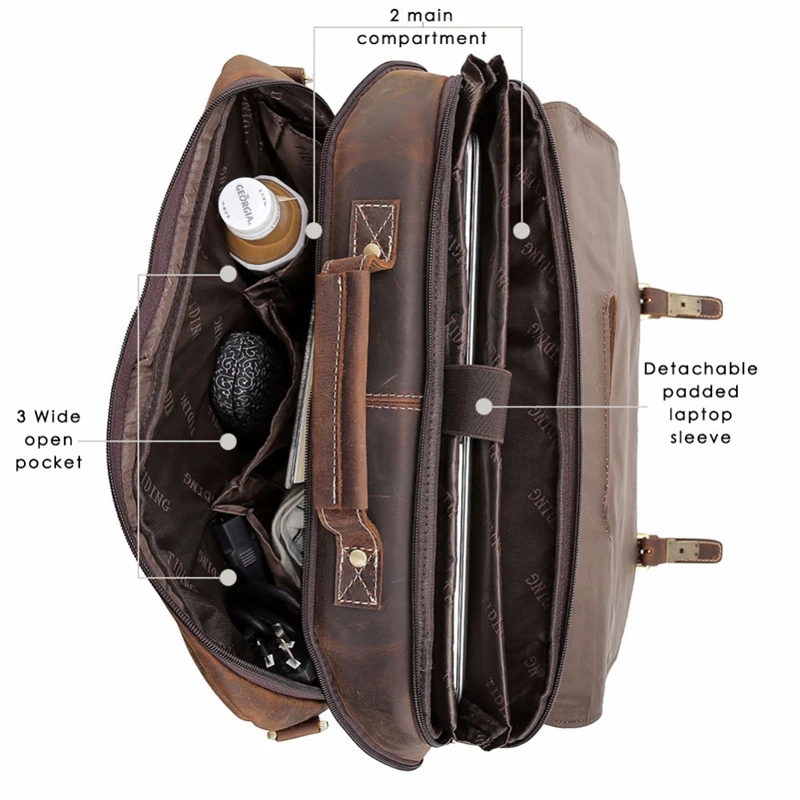 

2019 Vintage Cowhide Leather Briefcase 15.6 inch Laptop Bag Top Quality Spacious Business Briefcase With Multifunctional Pockets