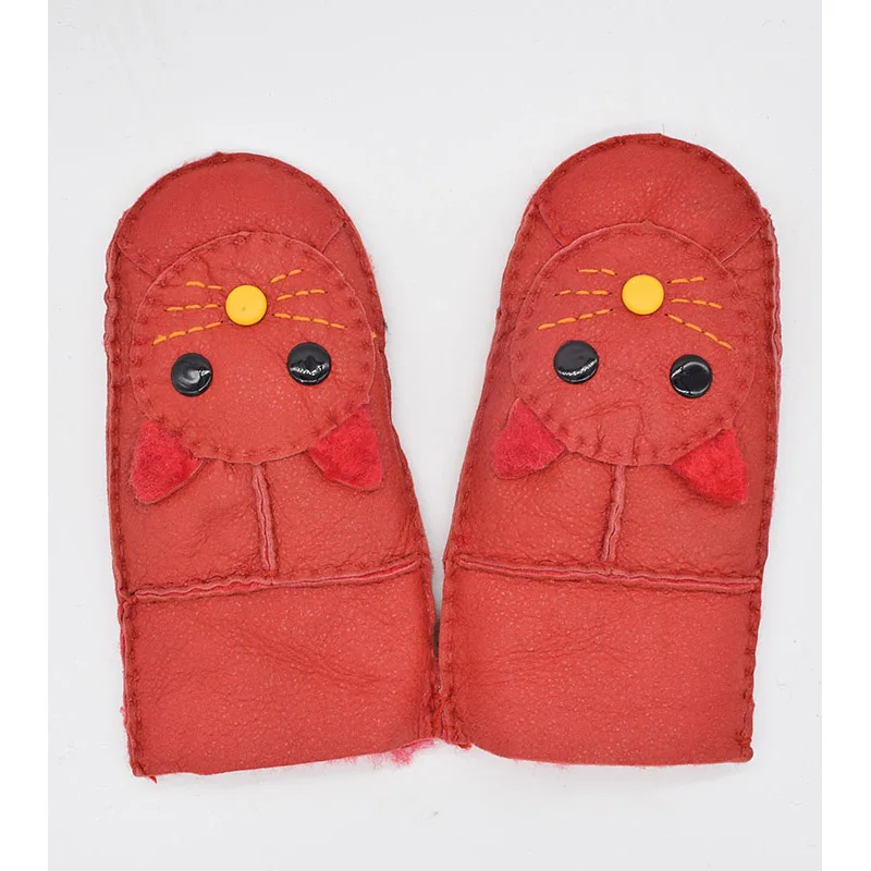 red Ms. MinShu/Детские перчатки из овчины, меховые варежки, детские кожаные перчатки, Детские Зимние теплые перчатки из натуральной овчины, меховые перчатки - Цвет: red