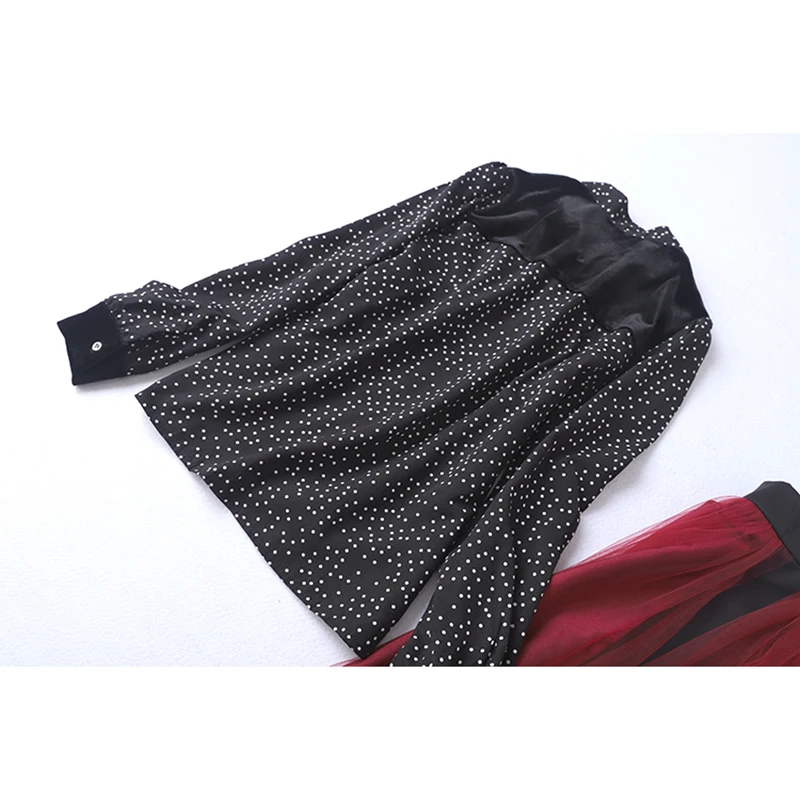 HIGH QUALITY New Fashion 2021 Runway Suit Set Women's Long Sleeve Bow Collar Dot Blouse Shirt Gauze Skirt |