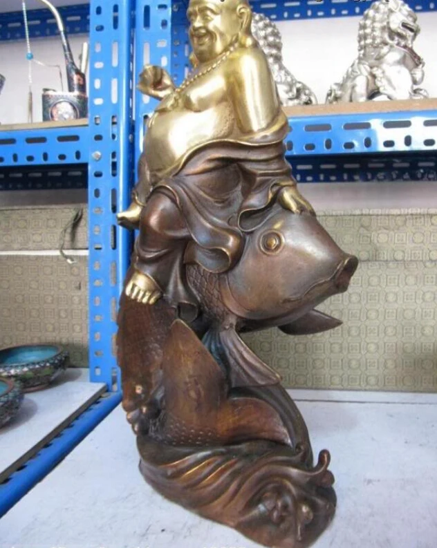 150401 S0650 17&quotChina classic Bronze Copper Lucky Happy Maitreya Buddha Ride on Fish Statue | Дом и сад