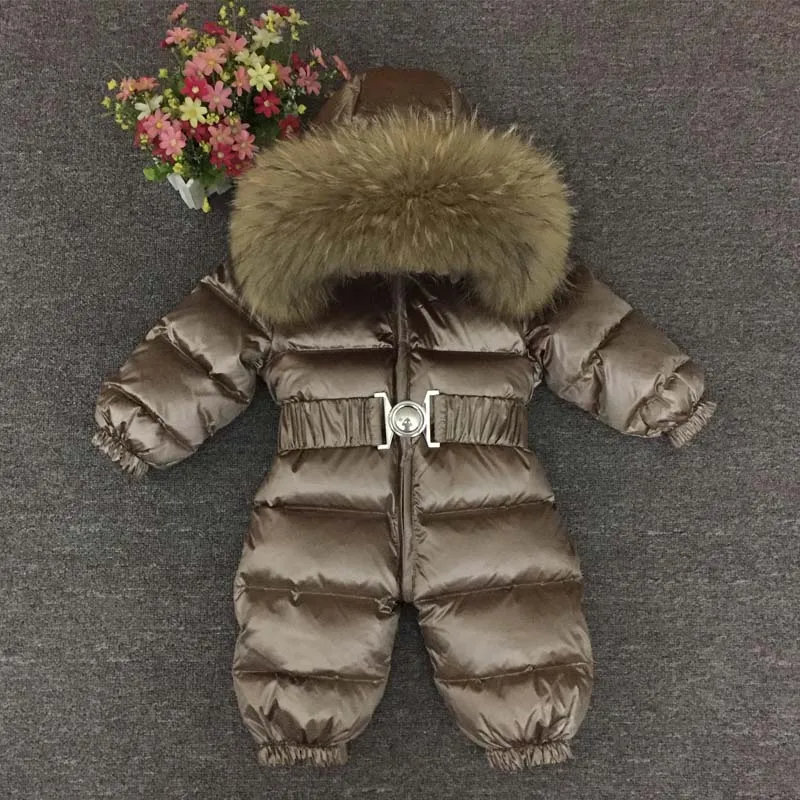 

0-4 Years Thick Kids Snowsuit Toddler Boys Girls Winter Outwear Coat Snow Wear Down Jacket Real Fur Hodded Warm Jumpsuit Z105