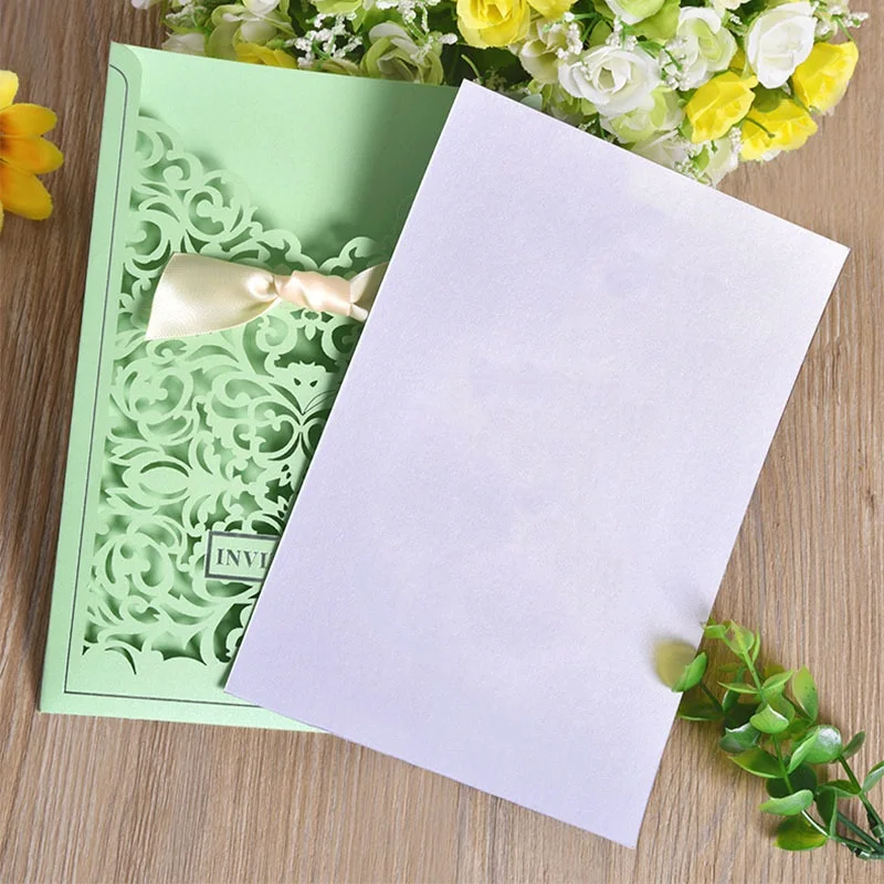 Зеленые лазерные свадебные приглашения 100 шт. на заказ поздравительные открытки