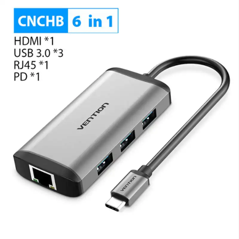 CNCHB 6 in 1 Vention Thunderbolt 3 док-станция USB 3,0 type C к HDMI usb-хаб RJ45 адаптер для MacBook Pro huawei P30/P20 samsung usb c адаптер - Цвет: CNCHB 6 in 1
