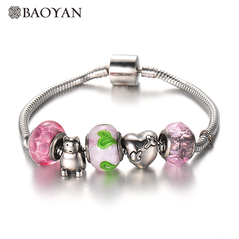 BAOYAN Нержавеющая сталь DIY браслет и с розовым сердцем цветок европейские из