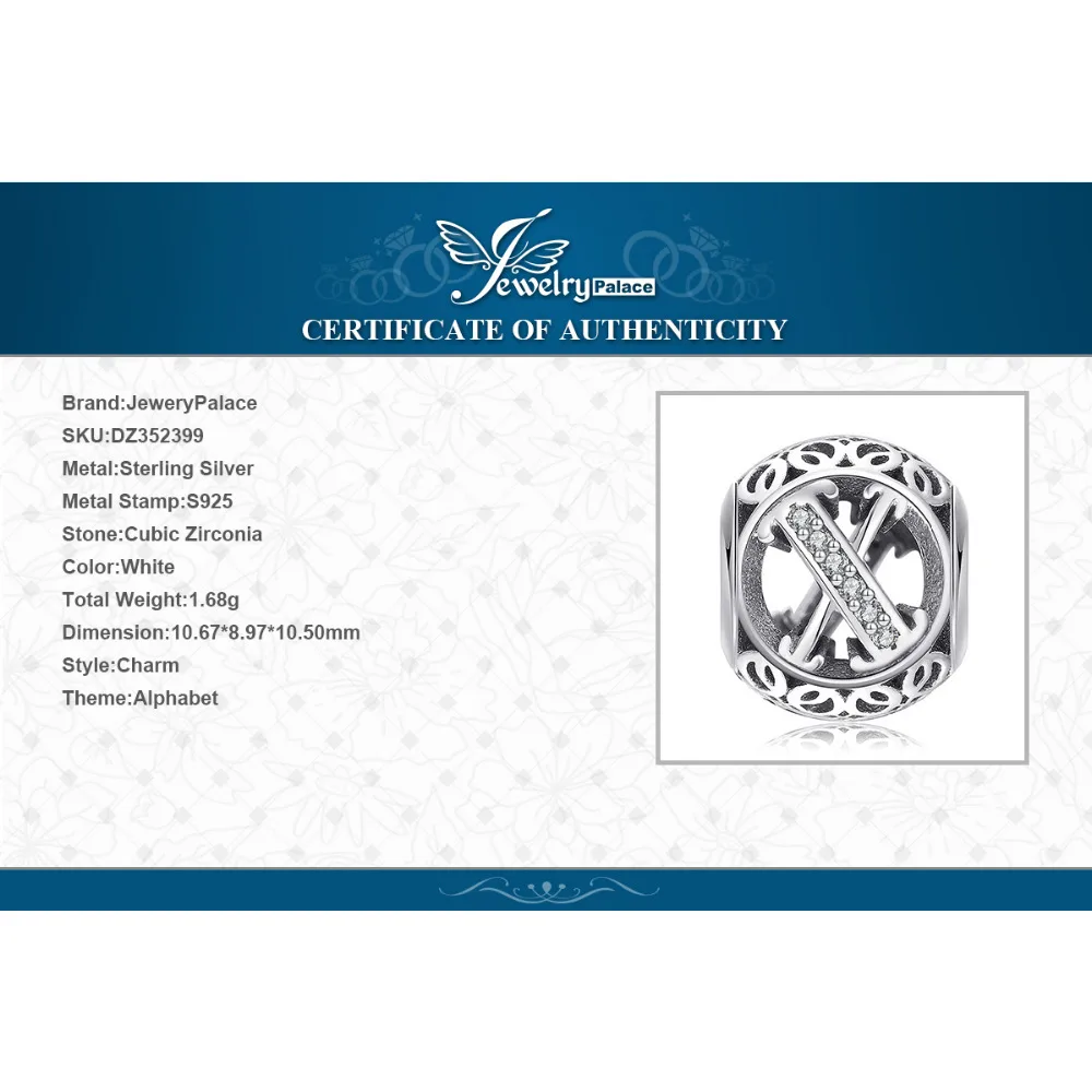Jewelrypalace 925 Sterling Silver Letter X Cubic Zirconia Beads Charms Fit Bracelets Gifts For Woman Anniversary Fashion Jewelry | Украшения