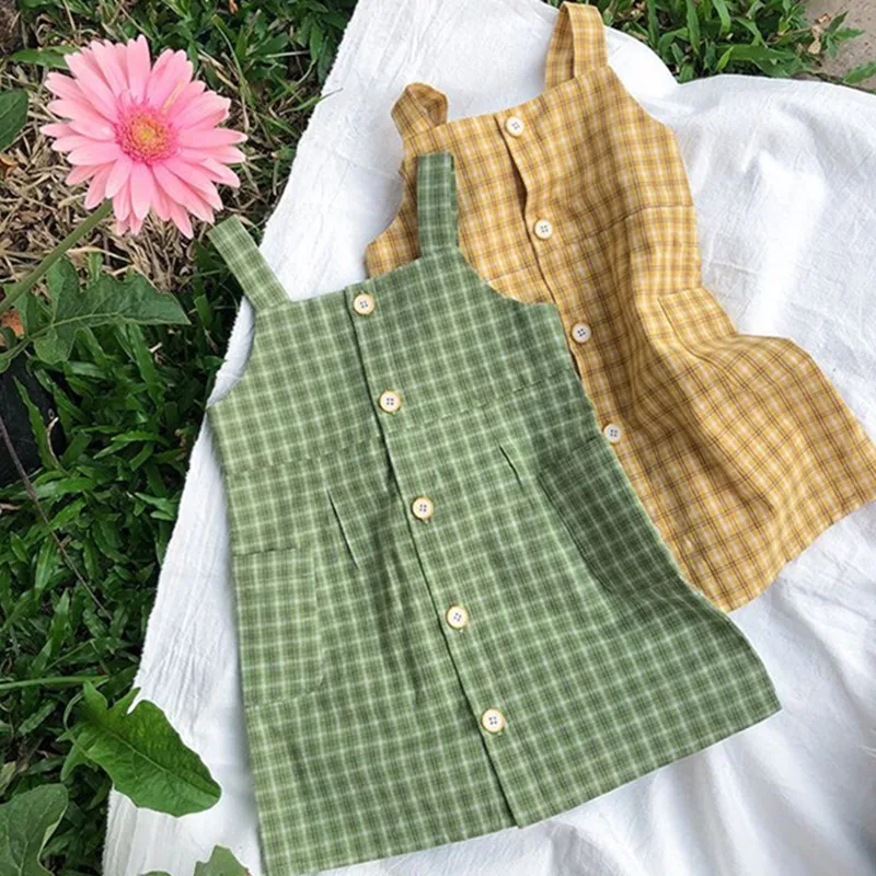 

Little Girls Suspender Dress 2019 Summer Children Clothes Cotton Single-breasted Plaid Vest Dress 2-7Years Girls Dresses