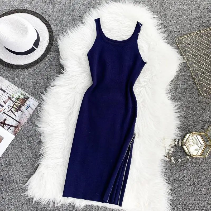 Женский вязаный сарафан ALPHALMODA без рукавов с круглым вырезом на молнии сбоку