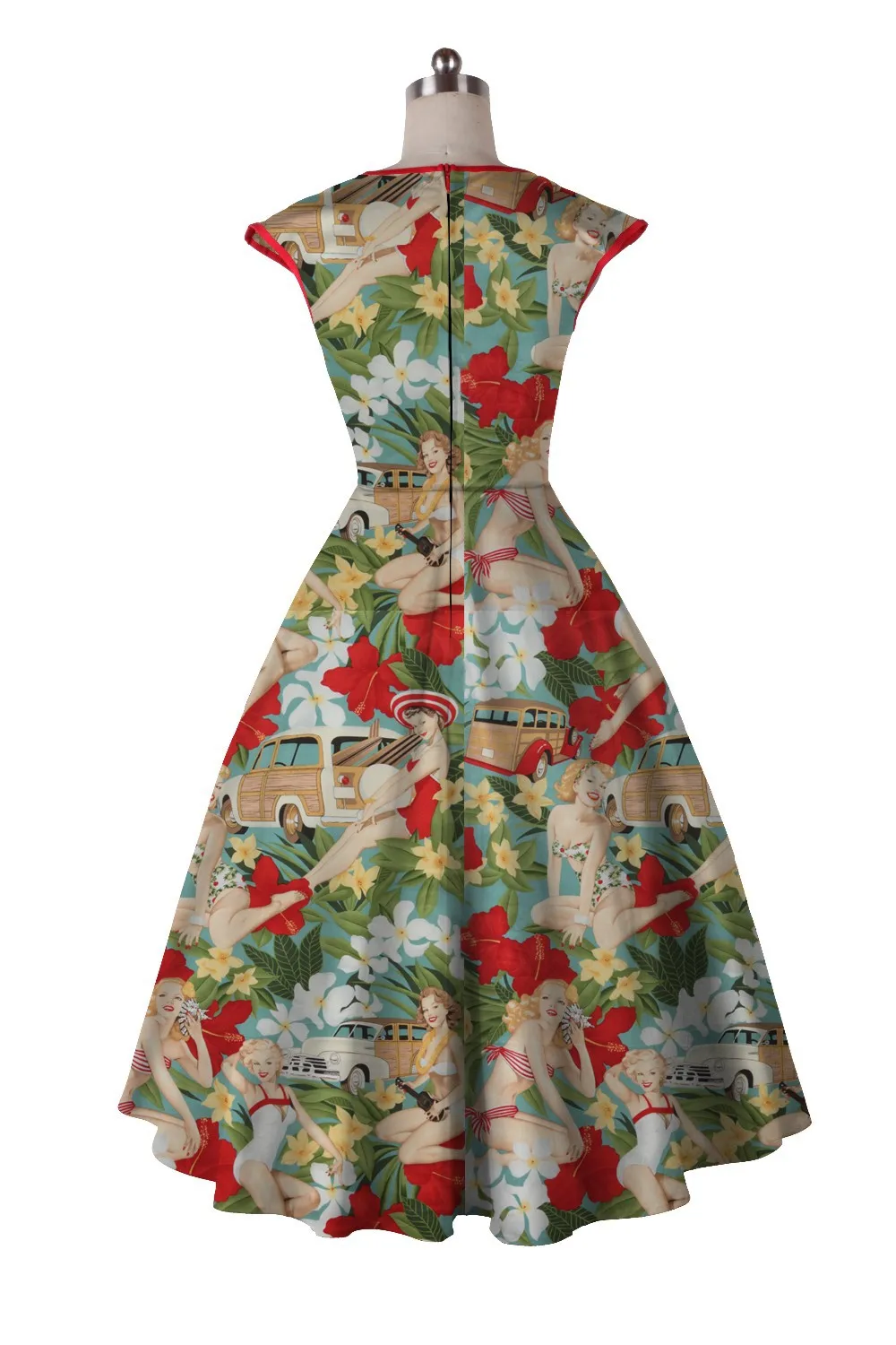 35-hawaii, пастушка, вишня, Череп, принт, Ретро стиль, 50 s, рокабилли, пинап, милая горловина, свободное платье размера плюс 4xl, Платья vestidos