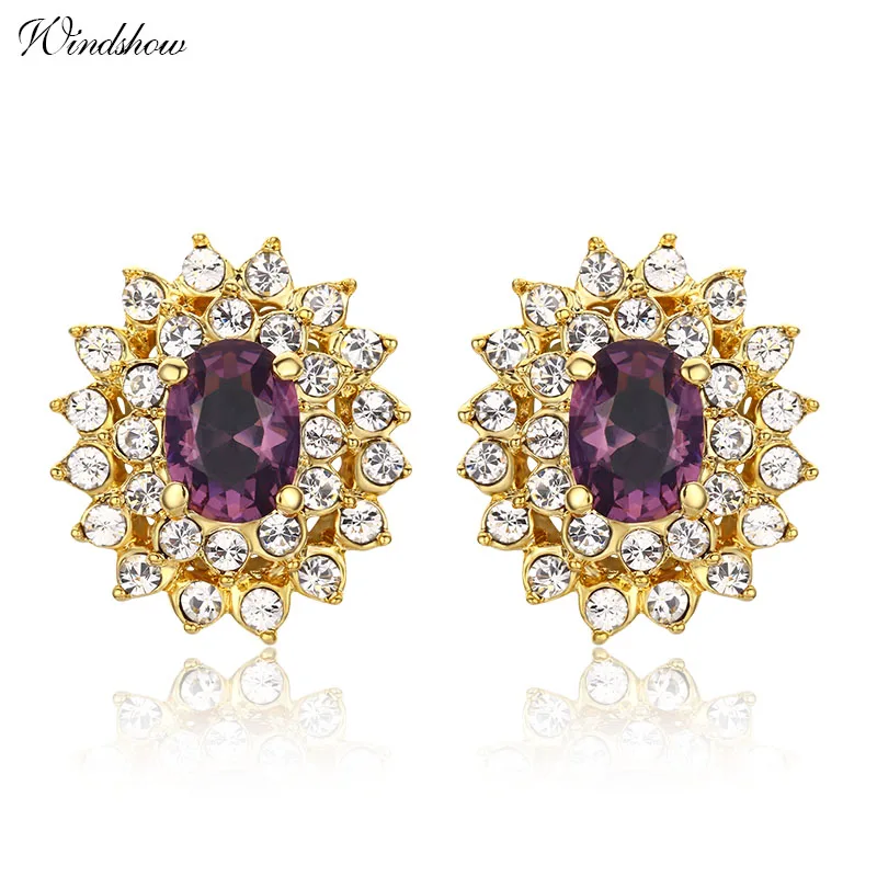 Yellow Gold Color Sun Flower Oval Purple Crystal Accent Clear Stud Earrings For Women Luxry Party Jewelry Aros Aretes|crystal stud earrings|stud