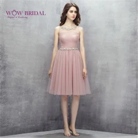 wowbridal 2017 beaded sleeveless short prom dresses tulle pink pleated elegant special occasion dress formal dress sh0118