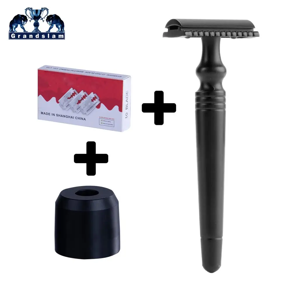Grandslam Double Edge Safety Razor Blcak Alloy Handle Men's Classic Manual Shaving Shaver Holder Come with 10 Free Blades | Красота и
