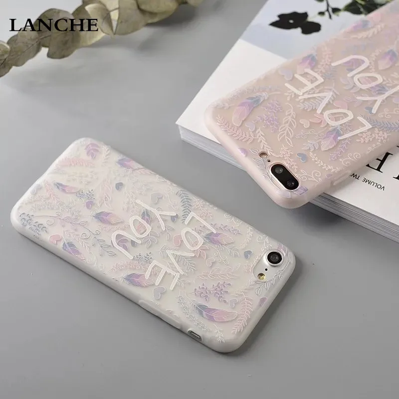 LANCHE Ultrathin TPU Phone Cases For iPhone 6 6S Plus 6Plus 7 7Plus Case Transparent Silicone Frosted Feather Flower Back Cover |