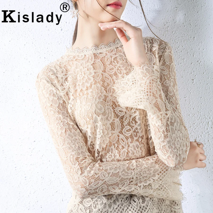 Kislady весна лето кружевные прозрачные женские блузки с круглым вырезом и расклешенными рукавами корейская мода одежда размера плюс сексуальный сетчатый топ