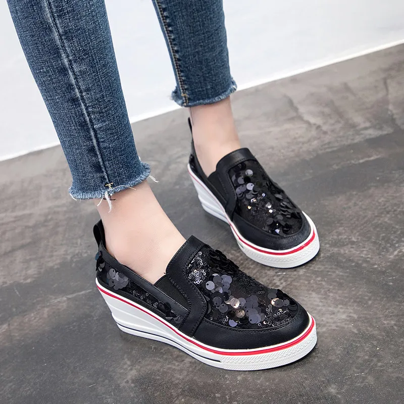 Женские Блестящие Кроссовки на танкетке с мягкой подошвой весну лето 2019|Женские