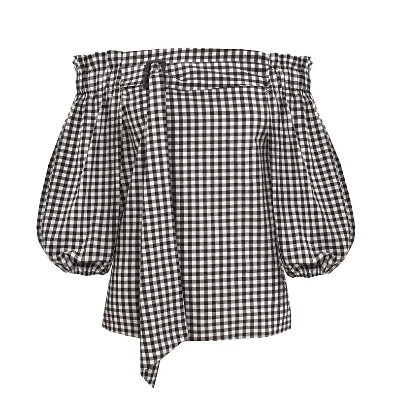 Off Shoulder Ruffle блузка рубашка Женщины Топы Повседневное свободные Puff Половина