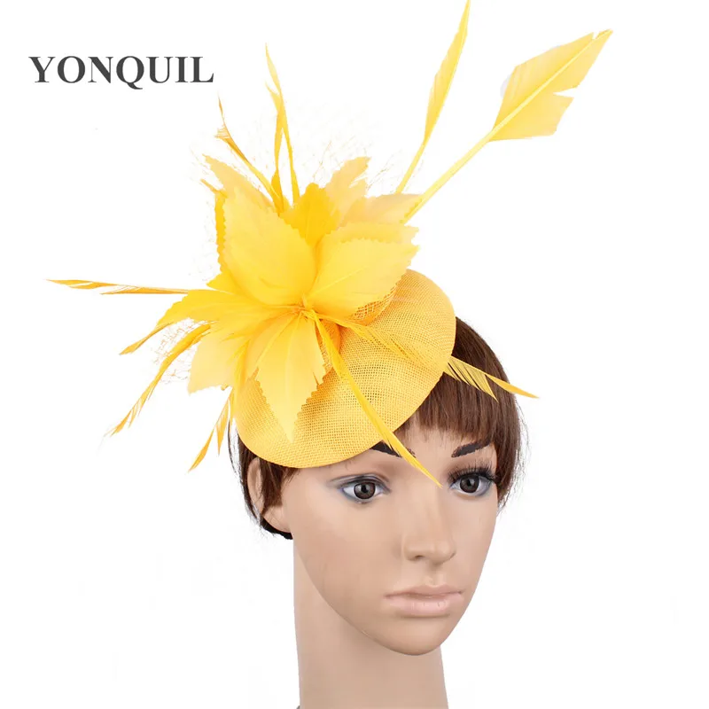 

Imitation Sinamay Yellow Fascinators Hats Women Derby Elegant Ladies Headwear Hair Clips Winter Feater Decor Headdress SYF478