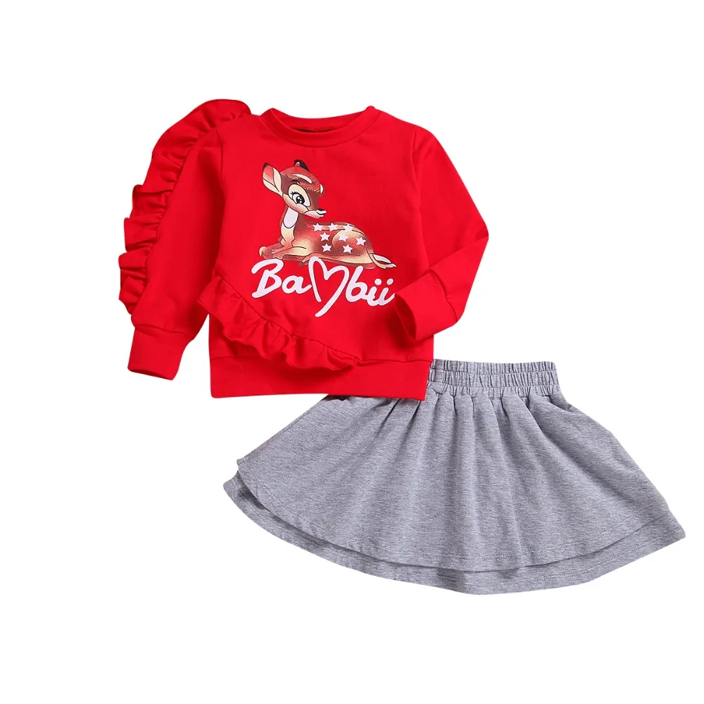 

Комплект рождественской одежды для маленьких девочек, красный топ с длинными рукавами, футболка с оленем + серая юбка, 2 предмета, милый Рожд...