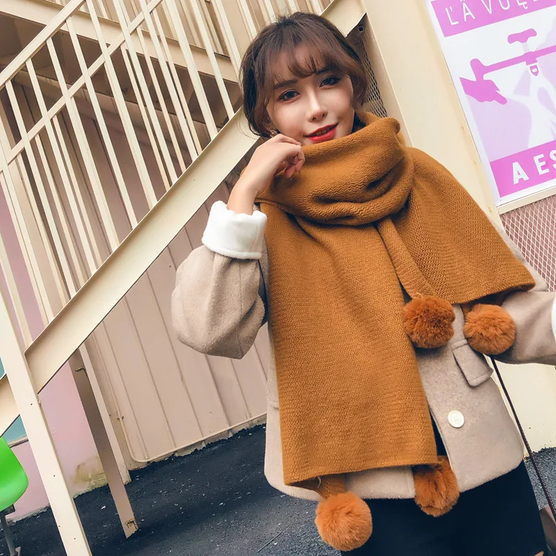 Женский однотонный кашемировый вязаный шарф шаль из мягкой шерсти с помпоном для