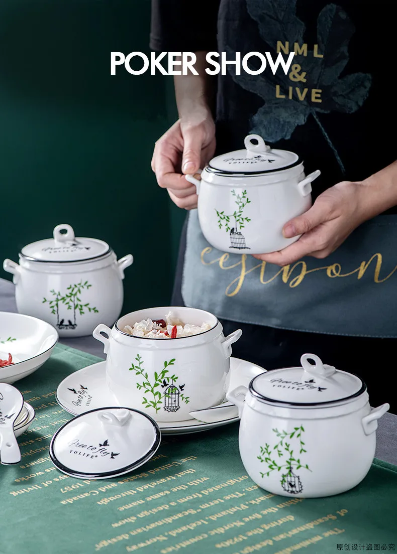 450 мл мультяшная чашка простой, маленький, стиль фарфоровая посуда Tureen кухонная чашка для супа гнездо десерт Медленная Плита суп с крышками