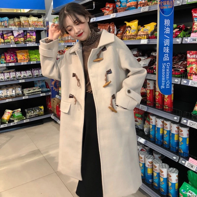 Женское шерстяное пальто manteau femme повседневное длинное с роговыми пуговицами на