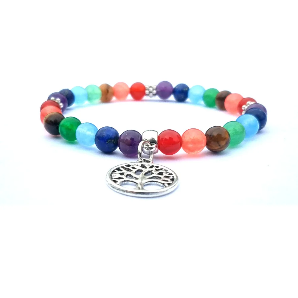 6 мм Красочные 7 Чакр Древо жизни камень браслет из бусин йога натуральный дружбы