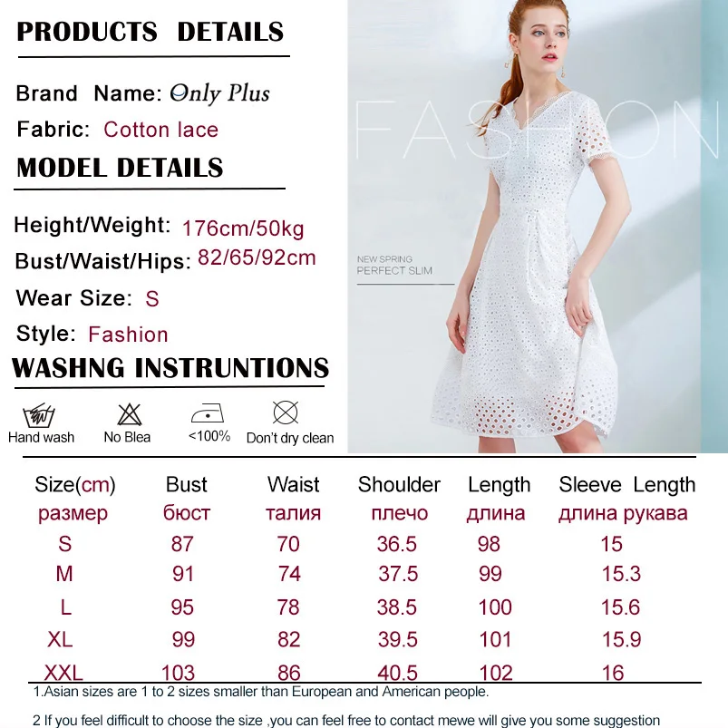 Onlyplus, S-XXL, белое кружевное Хлопковое платье с коротким рукавом, кружевные открытые платья для женщин,, тонкие элегантные вечерние платья в горошек