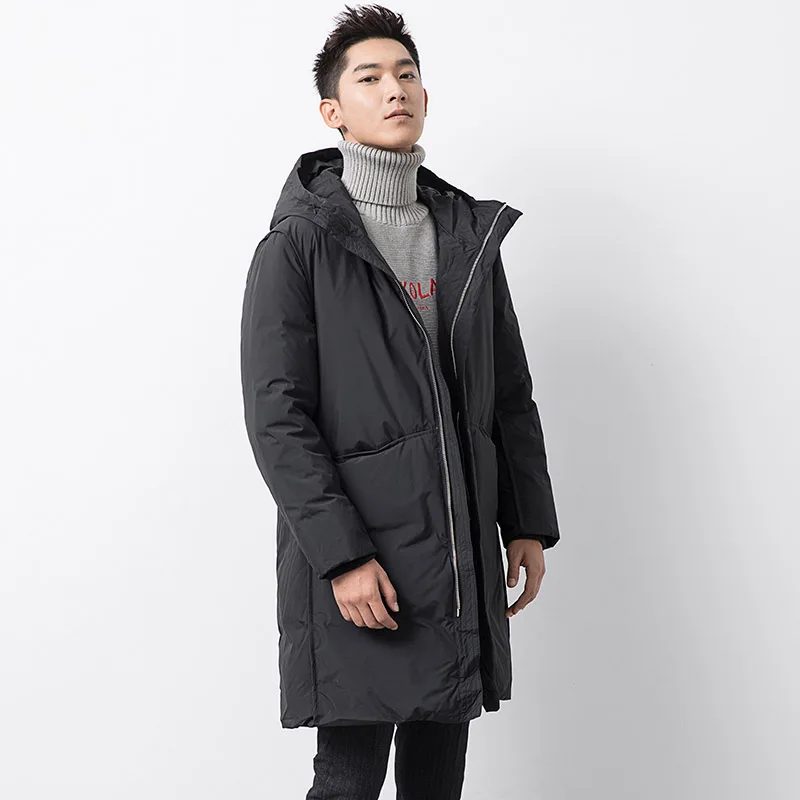 

Solid black hooded thickening warm winter down coat outerwear men pockets medium long down jacket new 2019 autumn