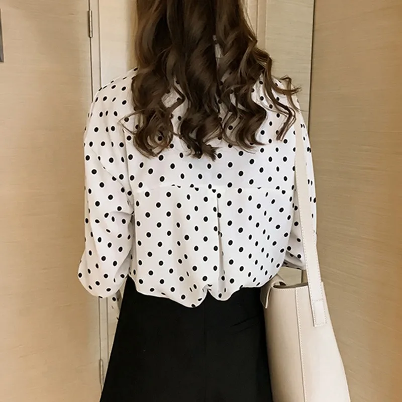 Блузка женская в горошек пикантная офисная рубашка с длинным рукавом свободная