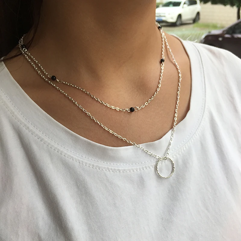 present 2018 New Popular black beads Pendant round circle Clavicle Chain Necklace Women's Delicate Banquet Jewelry |
