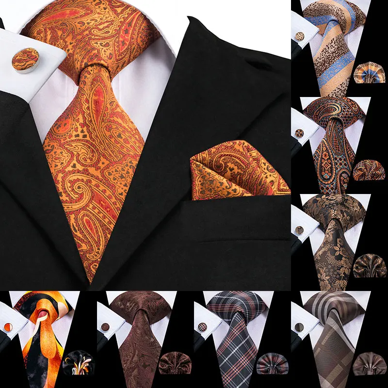 Hi Tie роскошные шелковые коричневые галстуки с цветами Пейсли для мужчин набор