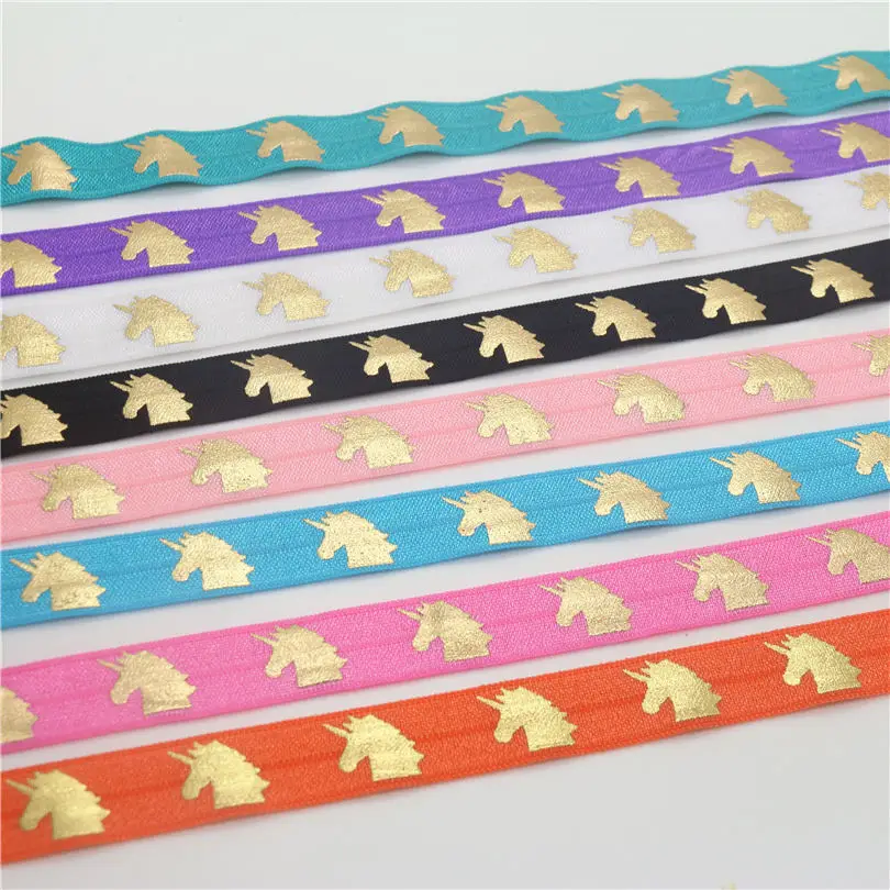 

DUWES 5/8'' Free shipping gold foil unicorn printed Fold Elastic FOE headband headwear hairband decoration OEM D644