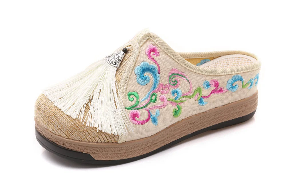 Model 4 Beige Veowalk/женские парусиновые тапочки на плоской толстой подошве с цветочной вышивкой; женские льняные эспадрильи ручной работы в богемном стиле; сезон лето - Цвет: Model 4 Beige