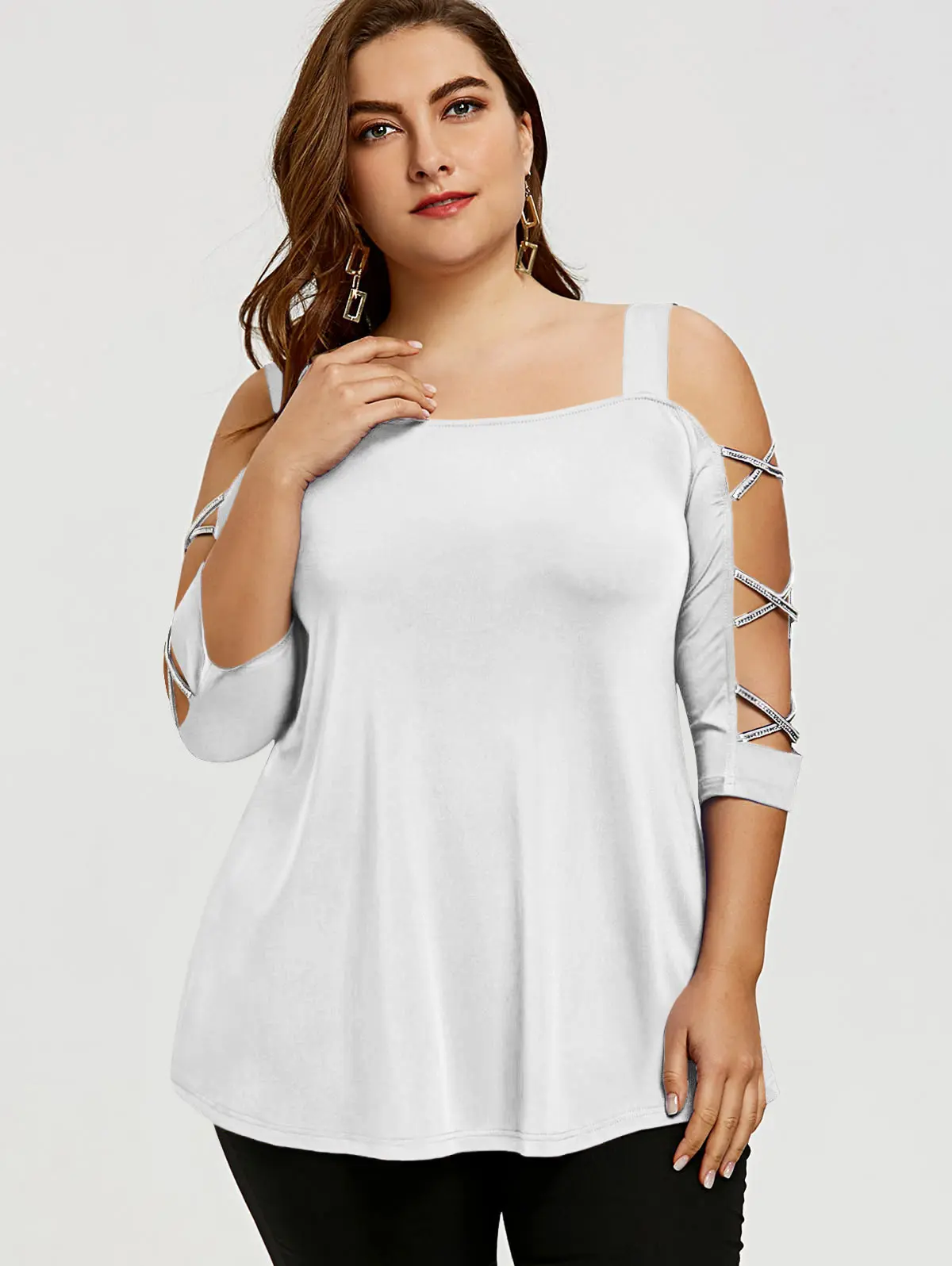 Женская футболка с вырезами ROSEGAL повседневная Однотонная рукавом 3/4 и квадратным