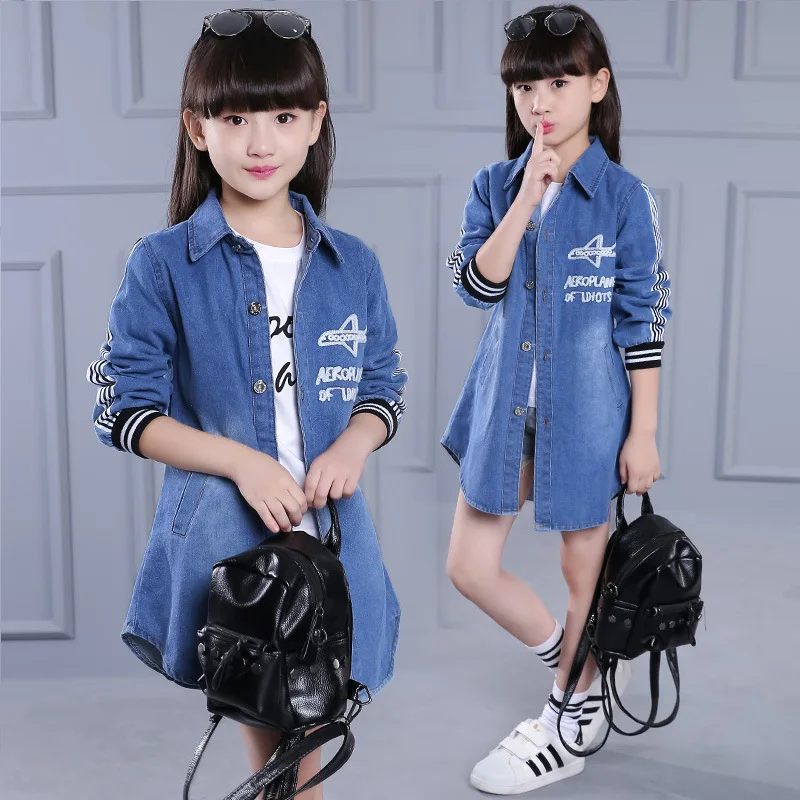 Джинсовая куртка для девочек новинка 2019 ветровка с длинными рукавами и вышитыми