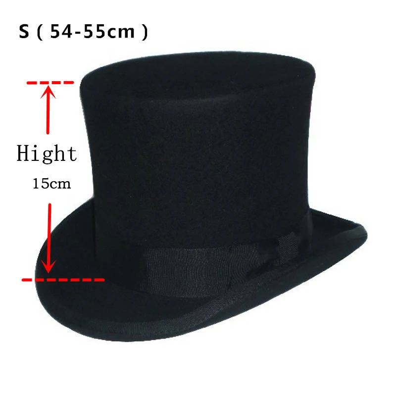 Black 54 TO 55cm LUCKYLIANJI 15 см британский стиль черный стимпанк Mad Hatter Топ традиционная Шерсть Войлок Федора президент Линкольн Джентельмен шляпа - Цвет: Black 54 TO 55cm