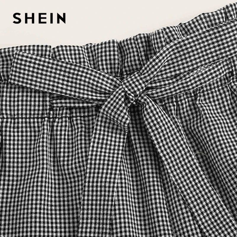 SHEIN элегантные черно-белые шорты с поясом в мелкую клетку, женские летние милые клетчатые шорты с высокой талией и оборками