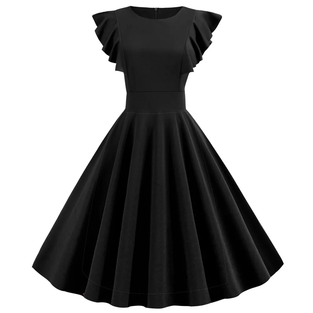 JY14135black Белое платье в горошек для женщин, лето, круглый вырез, рукав-лепесток, лоскутные халаты, винтажное платье рокабилли пинап, большие качели по колено - Цвет: JY14135black