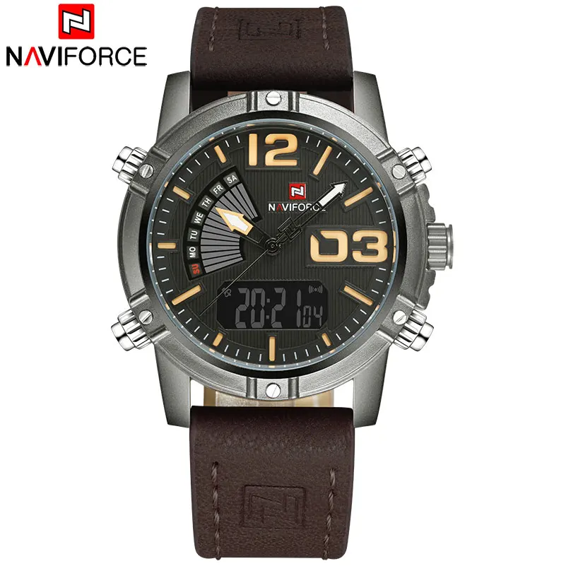 Мужские спортивные часы NAVIFORCE брендовые кожаный кварцевые светодиодный цифровые