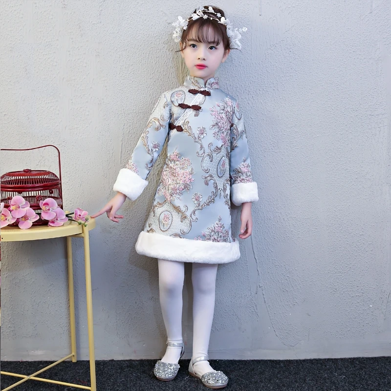 Зимний китайский новогодний костюм Qipao для девочек теплое китайское платье с