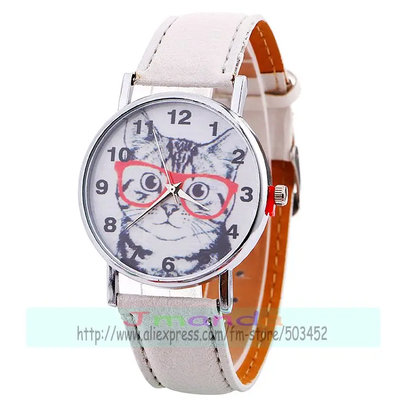 100 шт./лот 918766 часы с милым котом оранжевые очки кожаные для женщин наручные