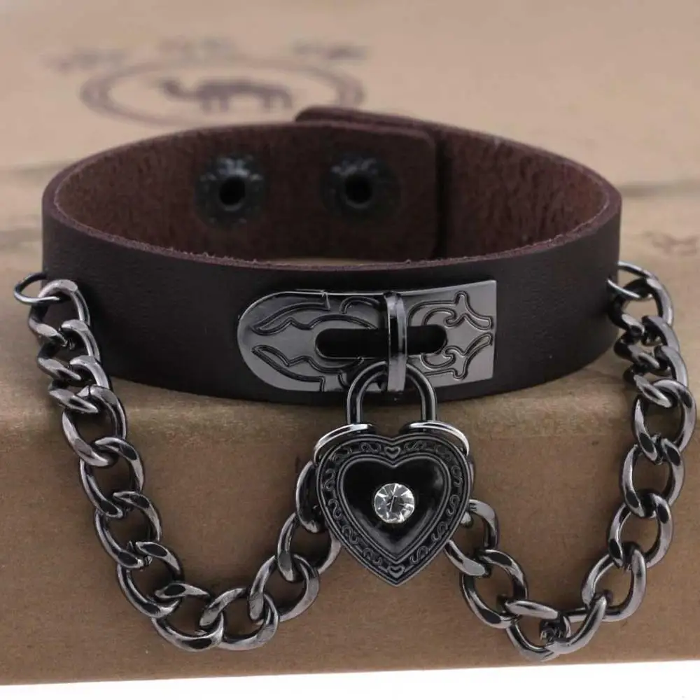 Dark Coffee Панк готика Стразы Сердце шипы цепи кожаные манжетные браслеты Pulseira Masculina ювелирные изделия Шарм Bileklik Pulseiras - Окраска металла: Dark Coffee