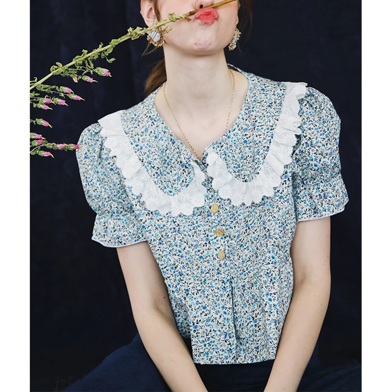 Женская блузка с цветочным принтом Sitruuna свободная винтажная в французском стиле