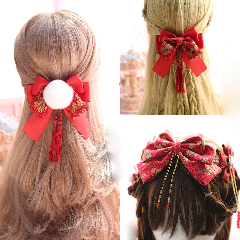 Китайский стиль бантик с кисточкой Pom Trim Лолита девушка головные уборы заколка для волос кимоно халат аксессуары для волос украшение головной убор