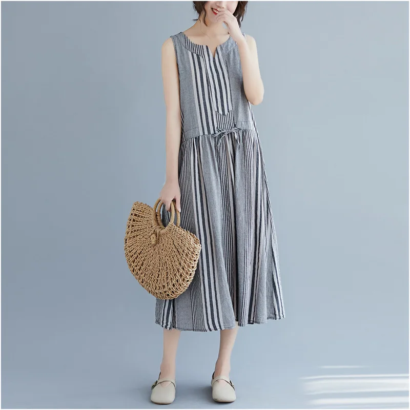 2019 Summer Women Striped Print Bohemian Short Sleeve Loose Party Cotton Linen Waist Belts Vestido Casual Dress Plus Size | Женская