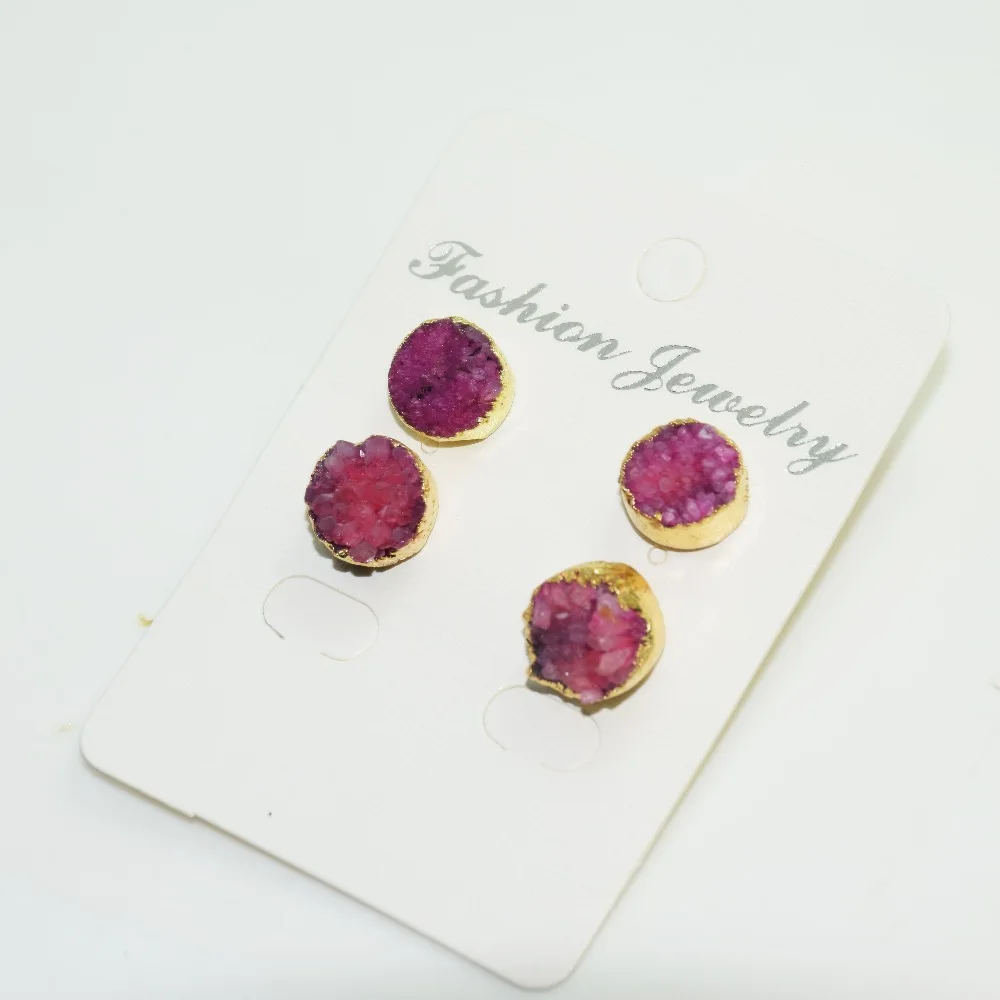 Женские круглые серьги гвоздики geode druzy розовый кристаллический кварц с золотым