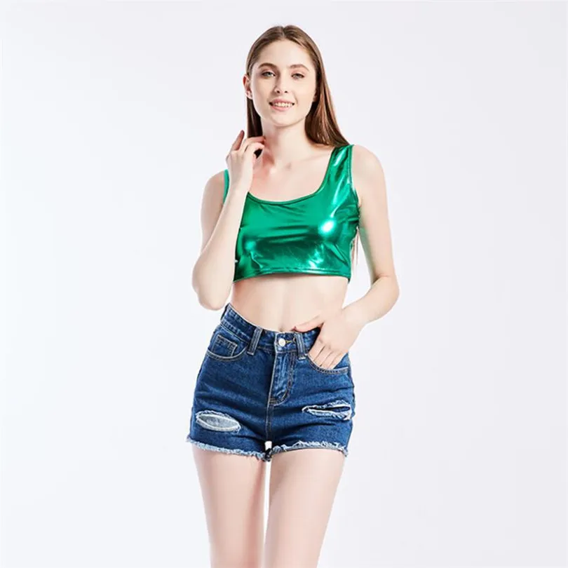 E018 Green CUHAKCI, летние майки, серебряный тонкий короткий топ, ПУ Клубные сексуальные майки, женские топы без рукавов, U Croptops, уличная одежда, укороченные женские топы, жилет - Цвет: E018 Green