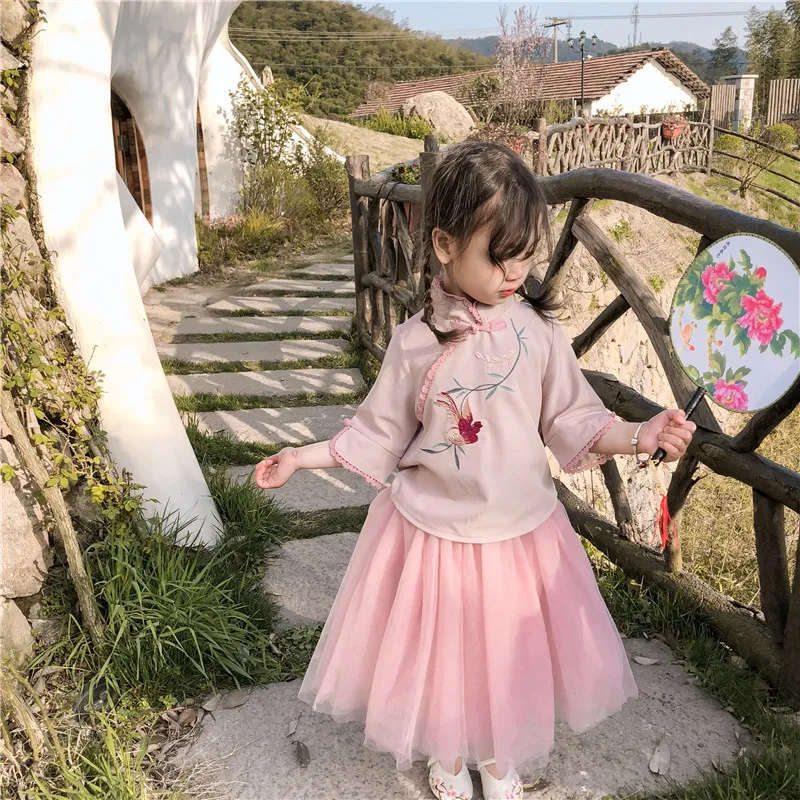 Новый летний костюм в национальном стиле для девочек 2019 г. платье китайском с